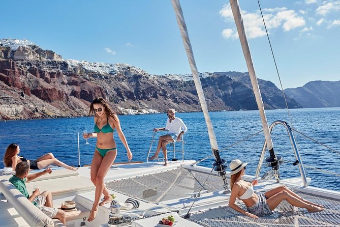 Santorini Sunset Luxury Sailing Catamaran Cruise With BBQ, Drinks, Transfer - Catamaran Amenities