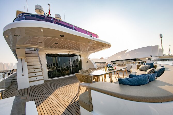 Dubai Harbour:Super Yacht Experience With Live Station & Drinks - Real-time Availability Check