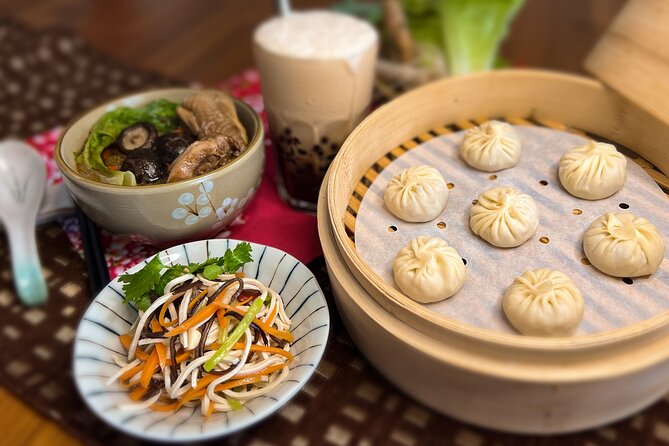 Xiao Long Bao, Chicken Vermicelli With Mushroom and Sesame Oil, Tofu Strips Salad, Bubble Milk Tea.