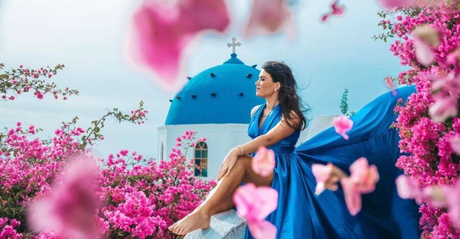 Oia or Imerovigli: Santorini Flying Dress Photoshoot