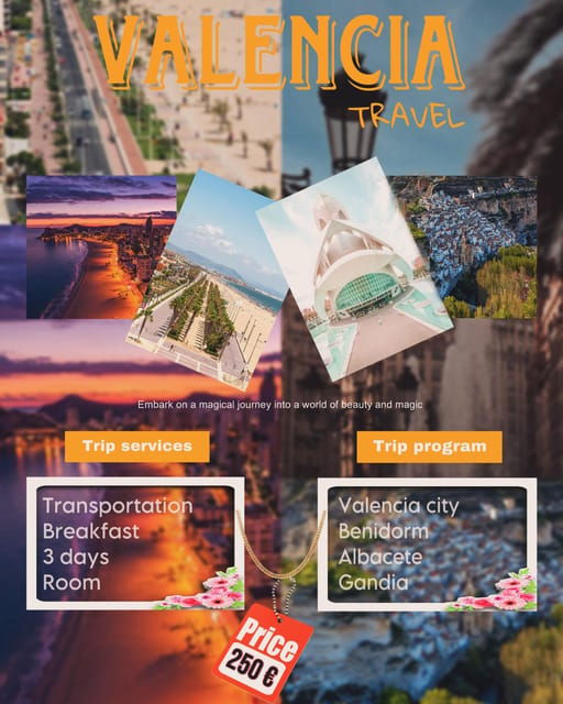 3 Day Tour Valencia,Gandia,Benidorm,Albacete.Hostel Included