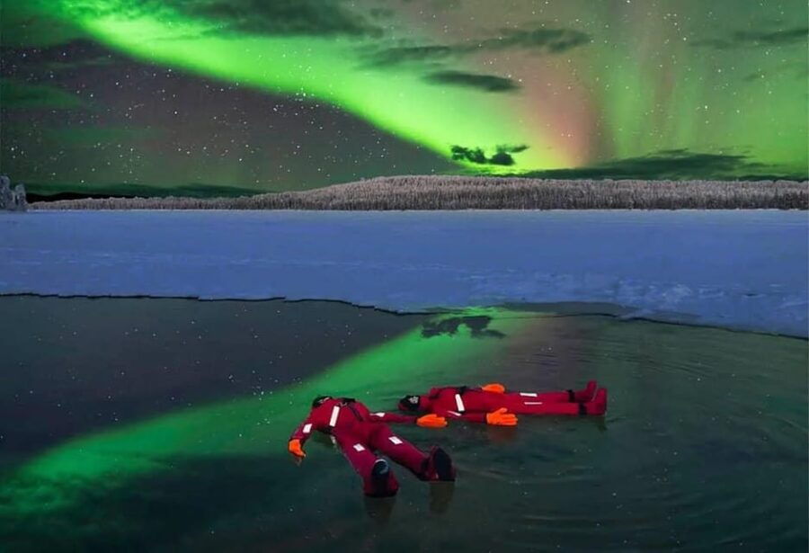 Ice Floating in Lapland With Northern Lights