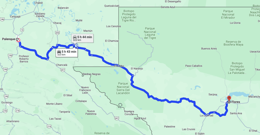 From Flores Guatemala: Transfer to Palenque, Chiapas, Mexico