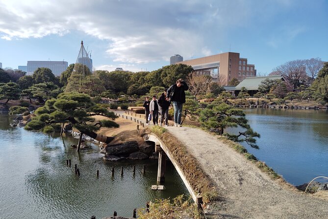 Tokyo Kiyosumi Garden Tour Stonework Pond and Sky Tree Views