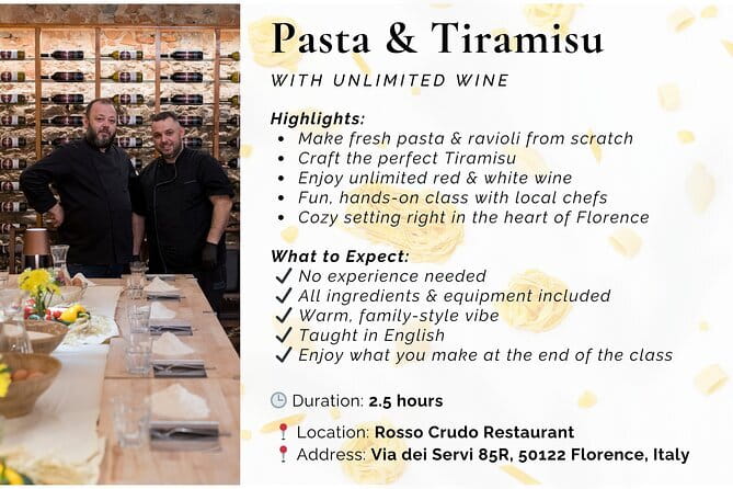 Florence Handmade Pasta Lessons, No Limit Wine, Tiramisu