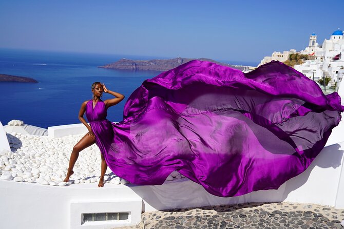 Flying Dress Photoshoot in Oia Private entry to Blue Dome