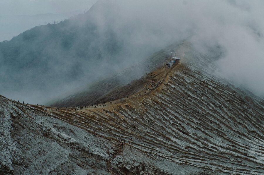 Panoramic view of Kawah Ijen crater at sunrise