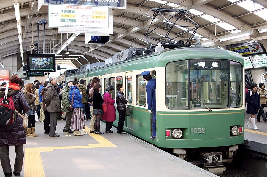 The Enoshima Dentetsu (Enoden) train at Fujisawa, the local line that connects Kamakura's coastal stations