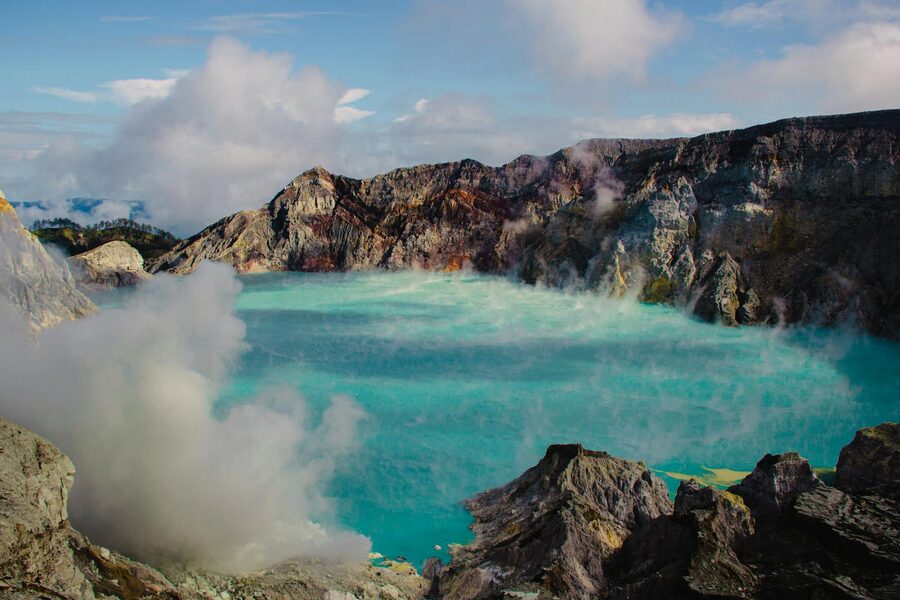 Ijen trail at sunrise with hikers