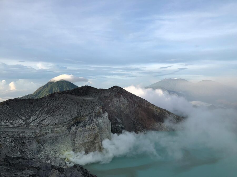 Ijen crater landscape with sulfur yellow deposits