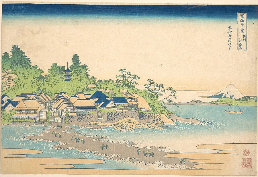 Hokusai's woodblock print of Enoshima from Thirty-Six Views of Mount Fuji