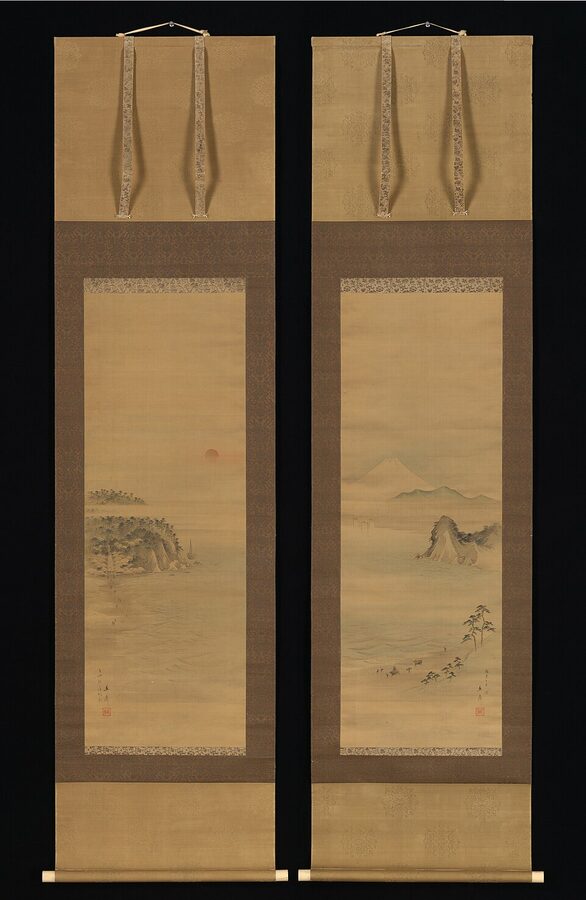 Hiroshige's woodblock print of Shichirigahama beach with Enoshima in the distance