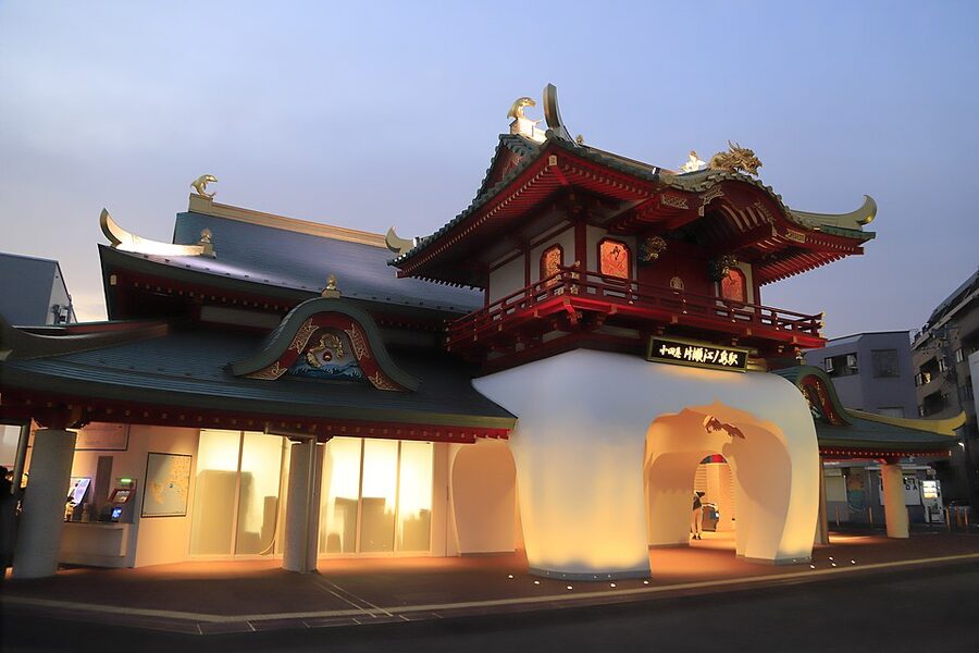 Katase-Enoshima Station, the Odakyu line terminus styled like a dragon palace, right beside the Enoshima bridge