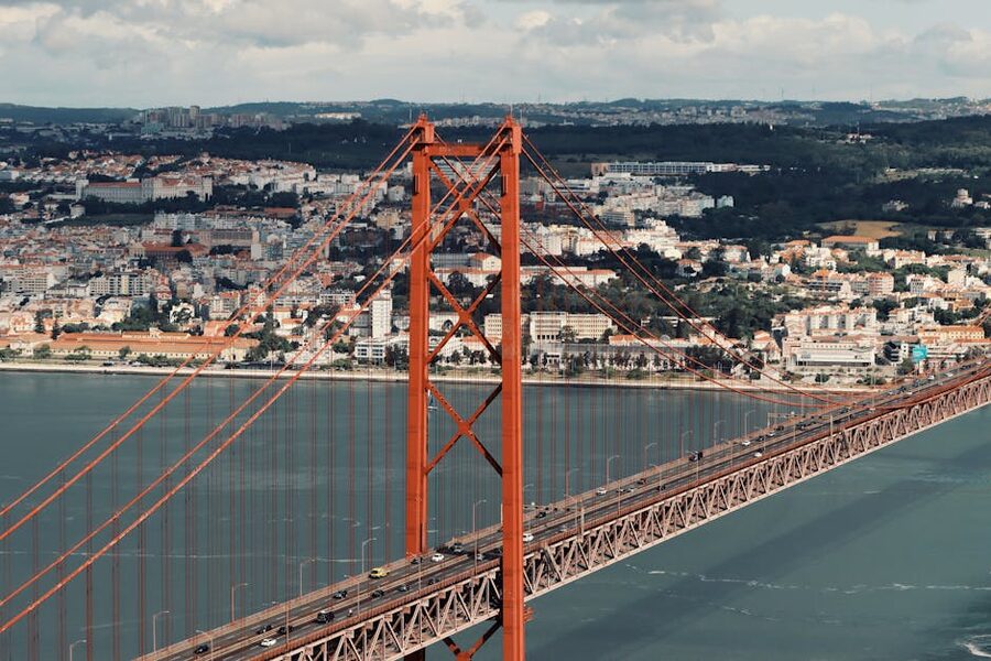 Aerial view of the 25 de Abril Bridge spanning the Tagus River in Lisbon