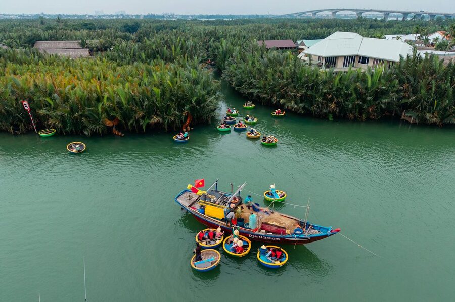 Traditional basket boats on a river in Vietnam