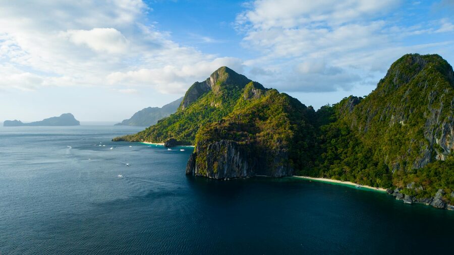 Aerial view of lush islands in El Nido Philippines