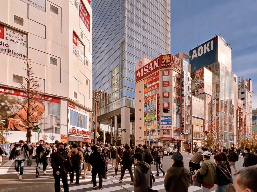 Busy pedestrian crossing in Akihabara Tokyo