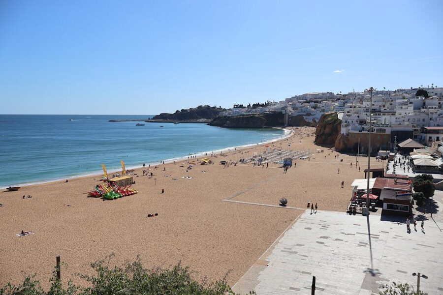 Aerial view of Albufeira beach, Algarve, on a sunny day