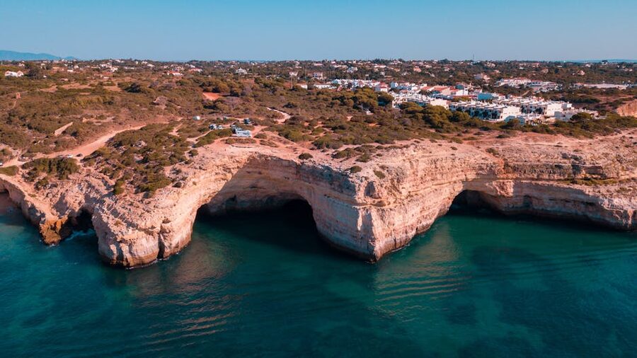 Aerial view of Benagil Cave and coastal cliffs, Algarve, Portugal