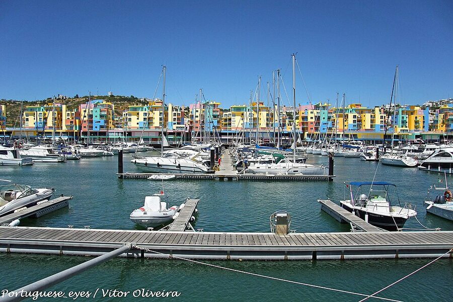 Marina de Albufeira with moored boats, Algarve, Portugal