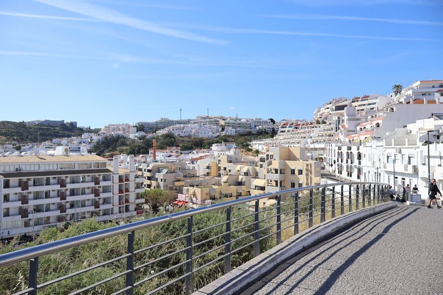Albufeira white Mediterranean buildings under a sunny sky