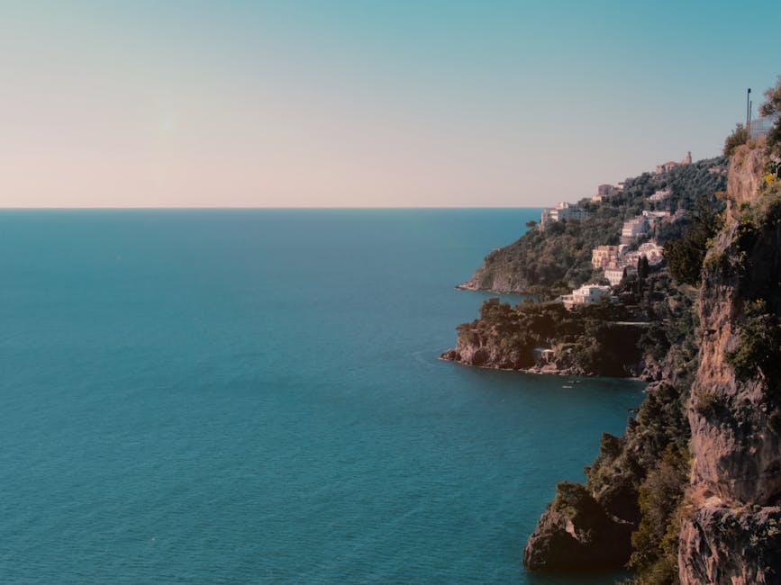 Amalfi Coast cliffs and turquoise sea in Campania, Italy