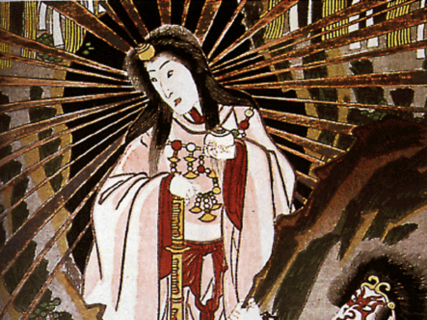 Ukiyo-e by Utagawa Kunisada depicting Amaterasu emerging from the heavenly rock cave