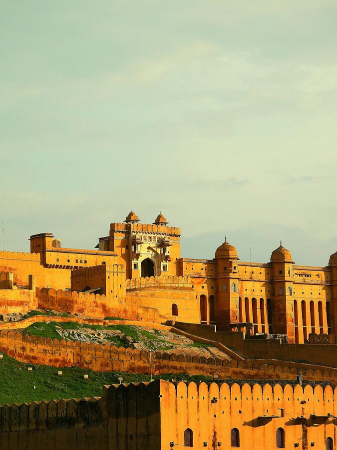 Amber Fort Jaipur perched on hillside above Maota Lake