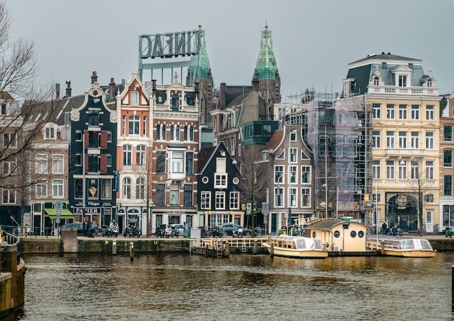 Traditional Amsterdam canal houses on a winter day