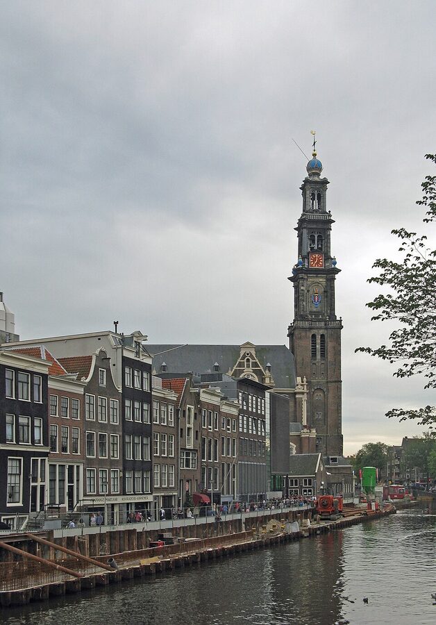Anne Frank House and Westerkerk on Prinsengracht canal Amsterdam