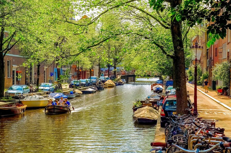 Jordaan canal with boat Amsterdam