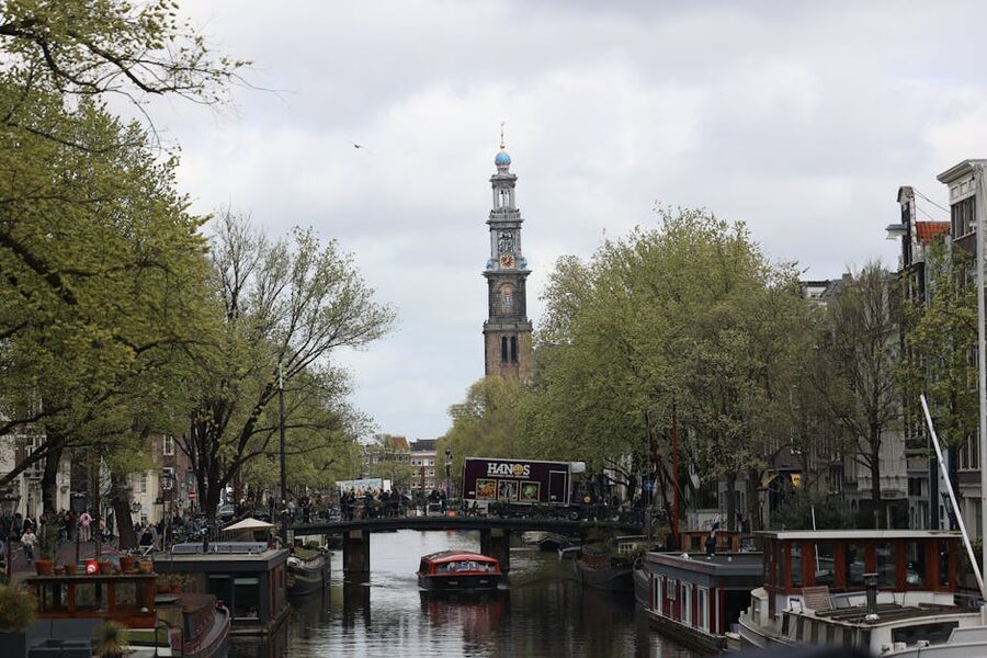 Westerkerk tower from the canal Amsterdam