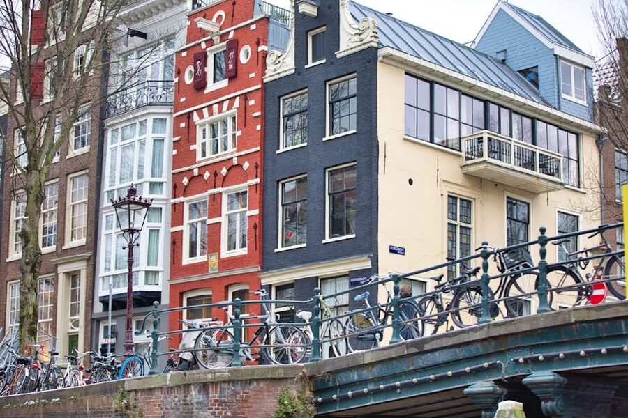 Bicycles lined along bridge Amsterdam canal