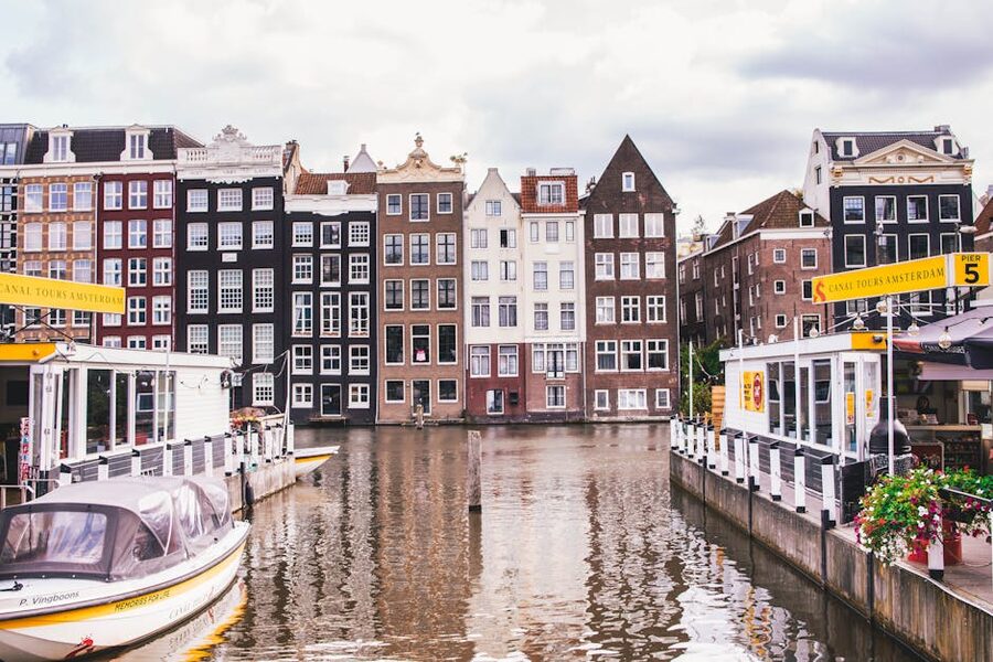 Amsterdam historic canal houses from the water