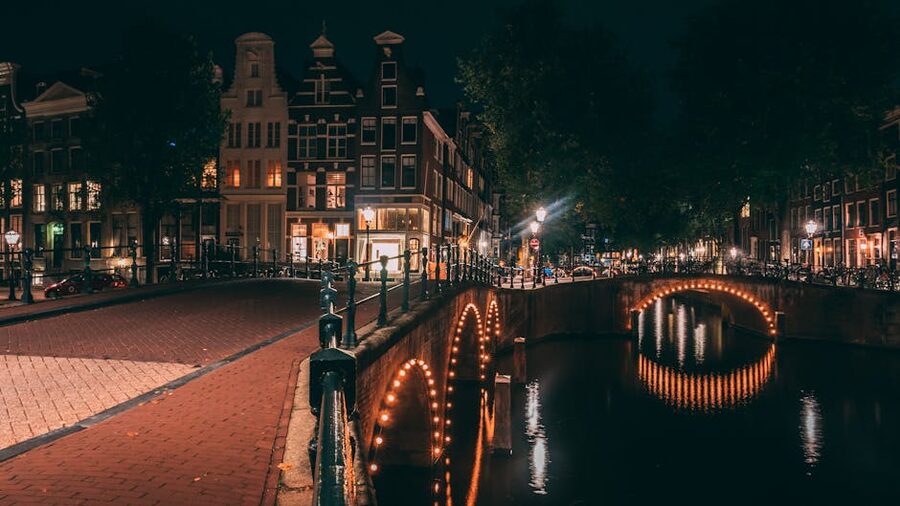 Amsterdam illuminated canal bridge evening lights