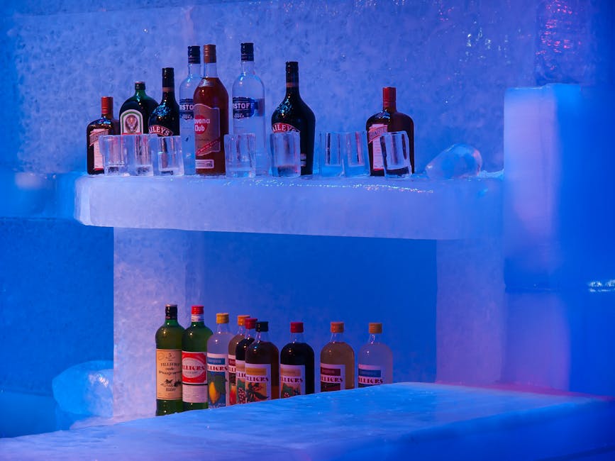 Bottles and glasses lined up on a frozen ice bar counter
