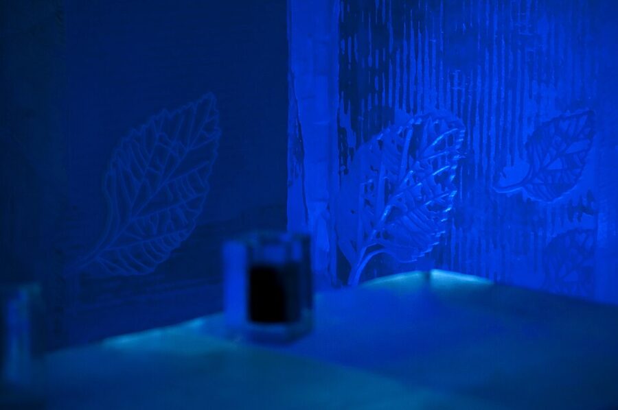 Vodka cocktail served in a carved ice glass at the icebar