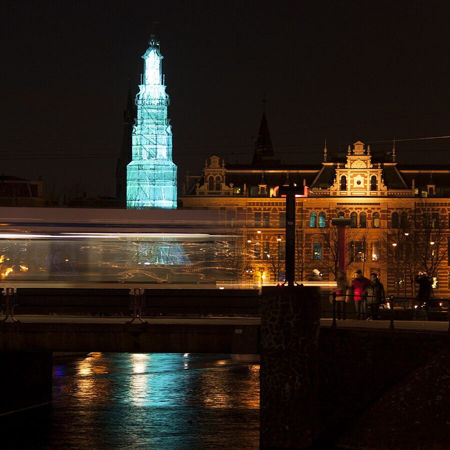 Amsterdam Light Festival canal installation lit at night