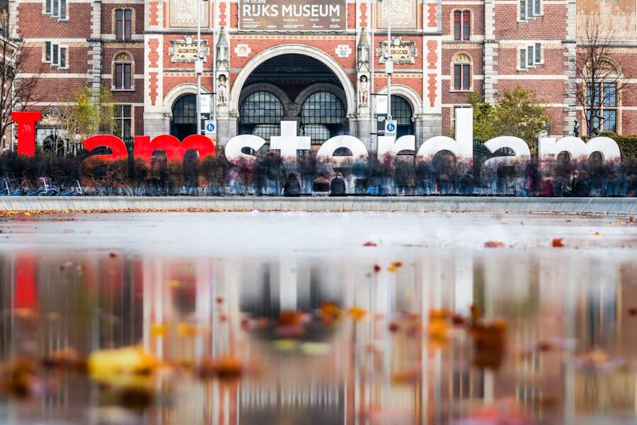 Museumplein I amsterdam sign by Rijksmuseum near AMAZE Amsterdam