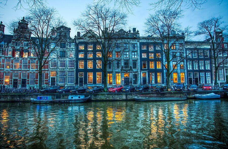 Herengracht Amsterdam canal houses at the blue hour