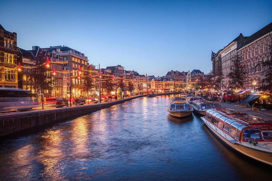 Amsterdam illuminated cityscape canal at night