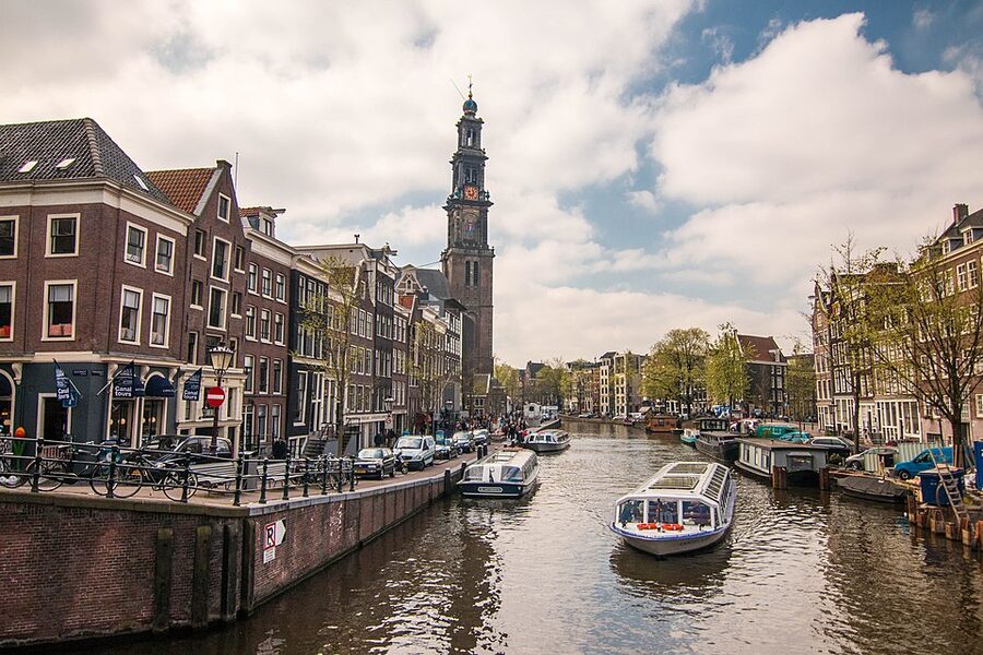 Amsterdam Westerkerk seen from the canal