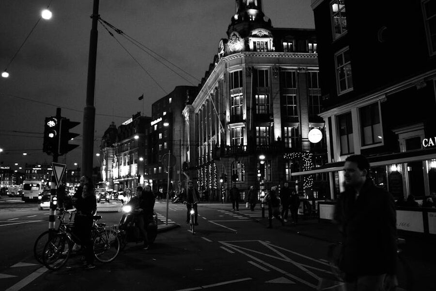 Amsterdam city centre street at night in black and white