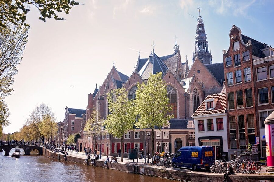Oude Kerk and canal in central Amsterdam