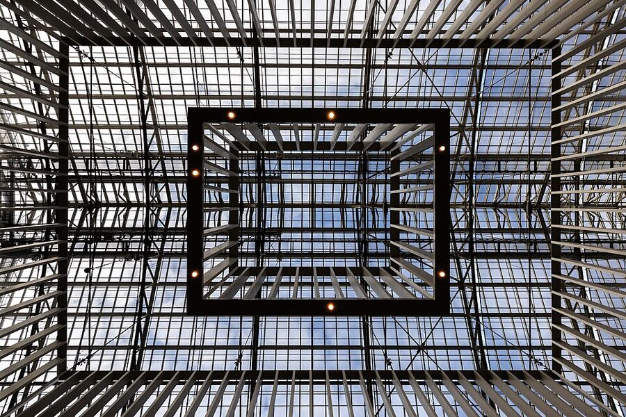 Rijksmuseum atrium glass roof seen from below Amsterdam