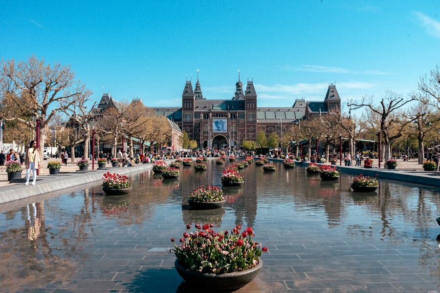 Rijksmuseum spring tulips and reflective pond