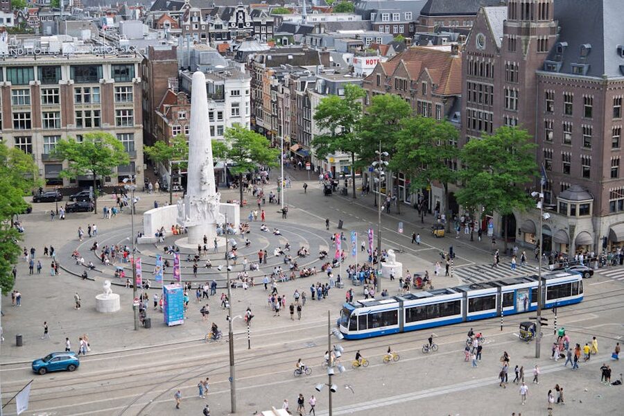 Aerial view Dam Square Amsterdam tram National Monument
