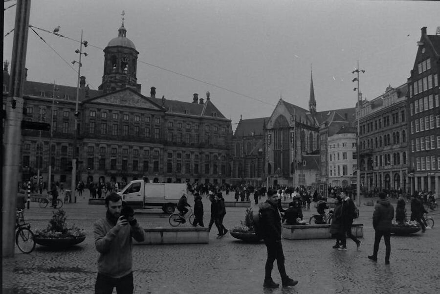Royal Palace Amsterdam Dam Square in grayscale