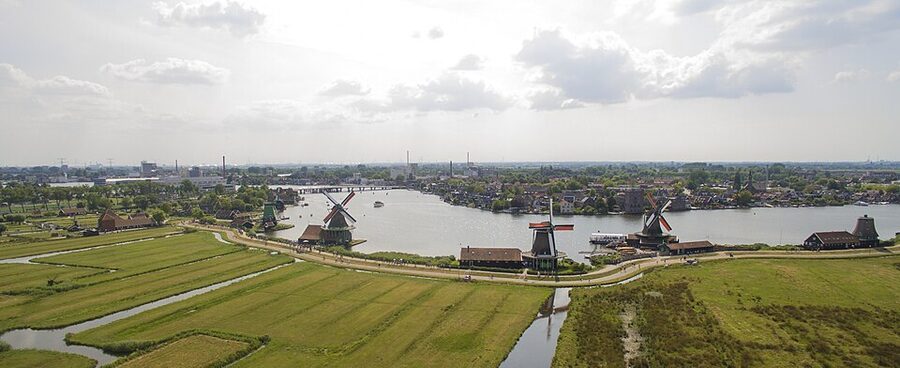 Aerial drone view of Zaanse Schans windmill village
