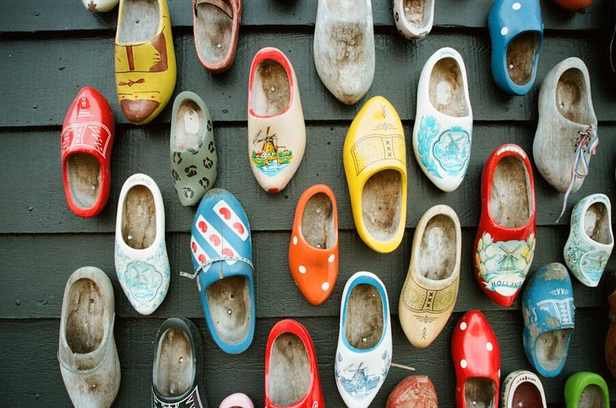Traditional Dutch wooden clogs in different colours